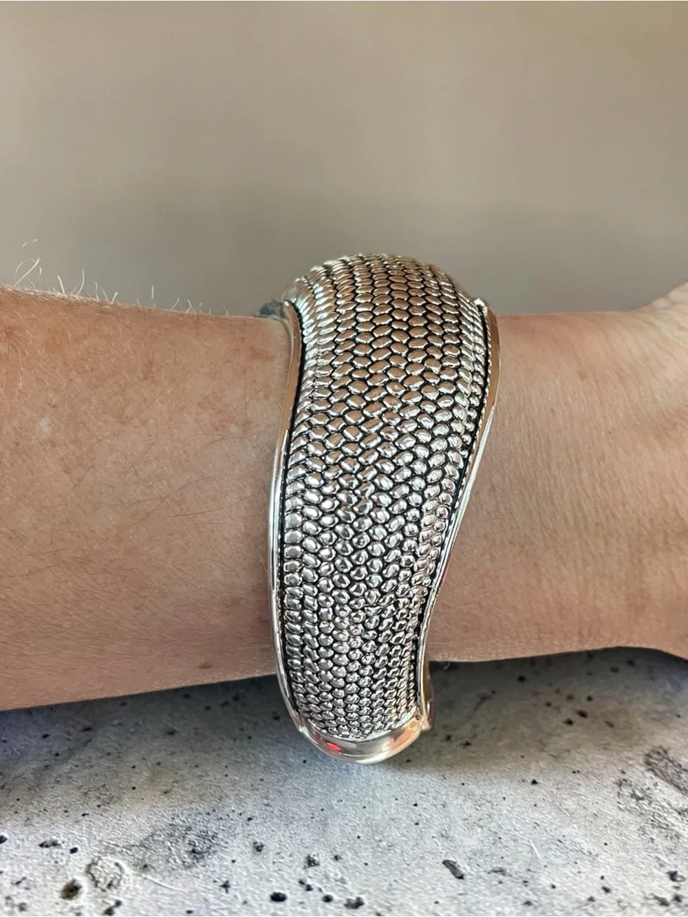Silver Tone Textured Hinged Magnetic Closure Statement Cuff Bracelet